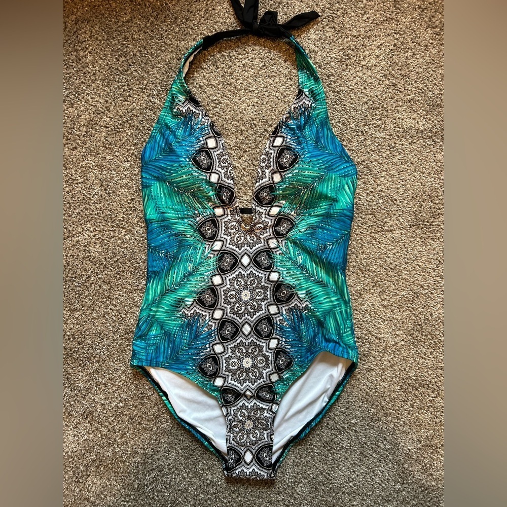Laundry by Design Green & Blue Halter One-Piece Swimsuit (F)